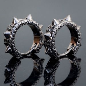 Black Onyx Plated Mini Thorn Spiked Men's Iced Cz Huggie Hoop Earrings